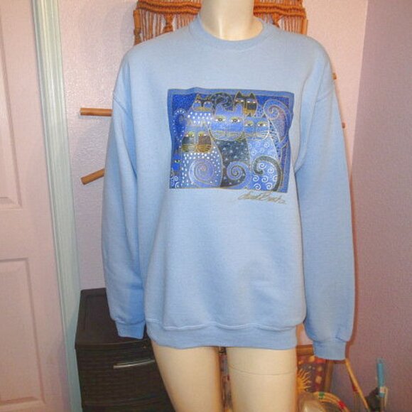 Vtg Laurel Burch Indigo Cats Sweatshirt Size M Soft Fleece Mystical Whimsical - Picture 1 of 8